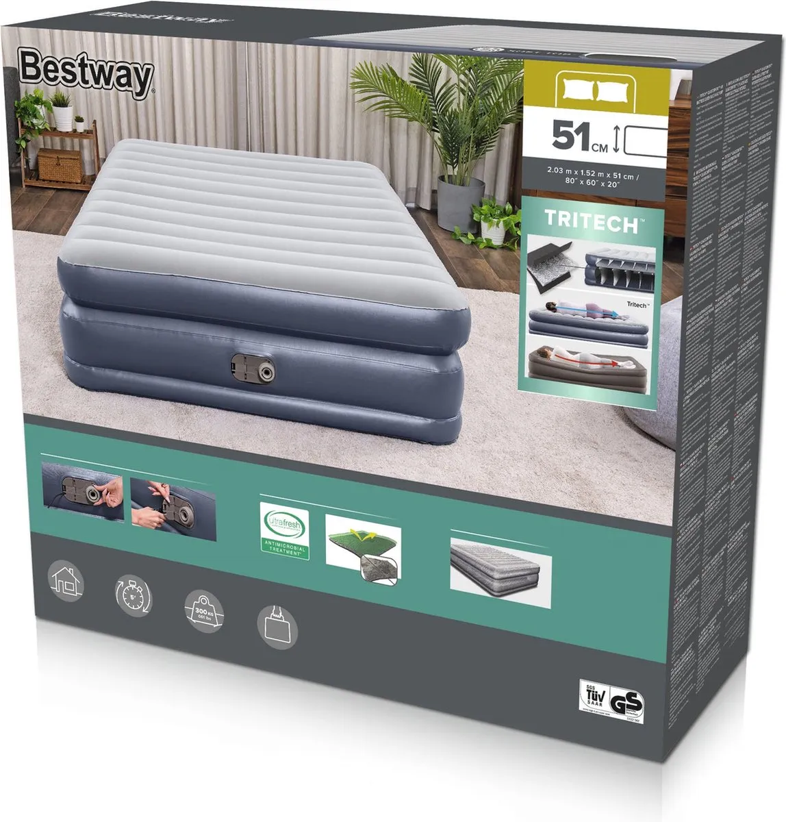 Bestway Tritech Quadcomfort Luchtbed Queensize 152cm - Grijs/Blauw