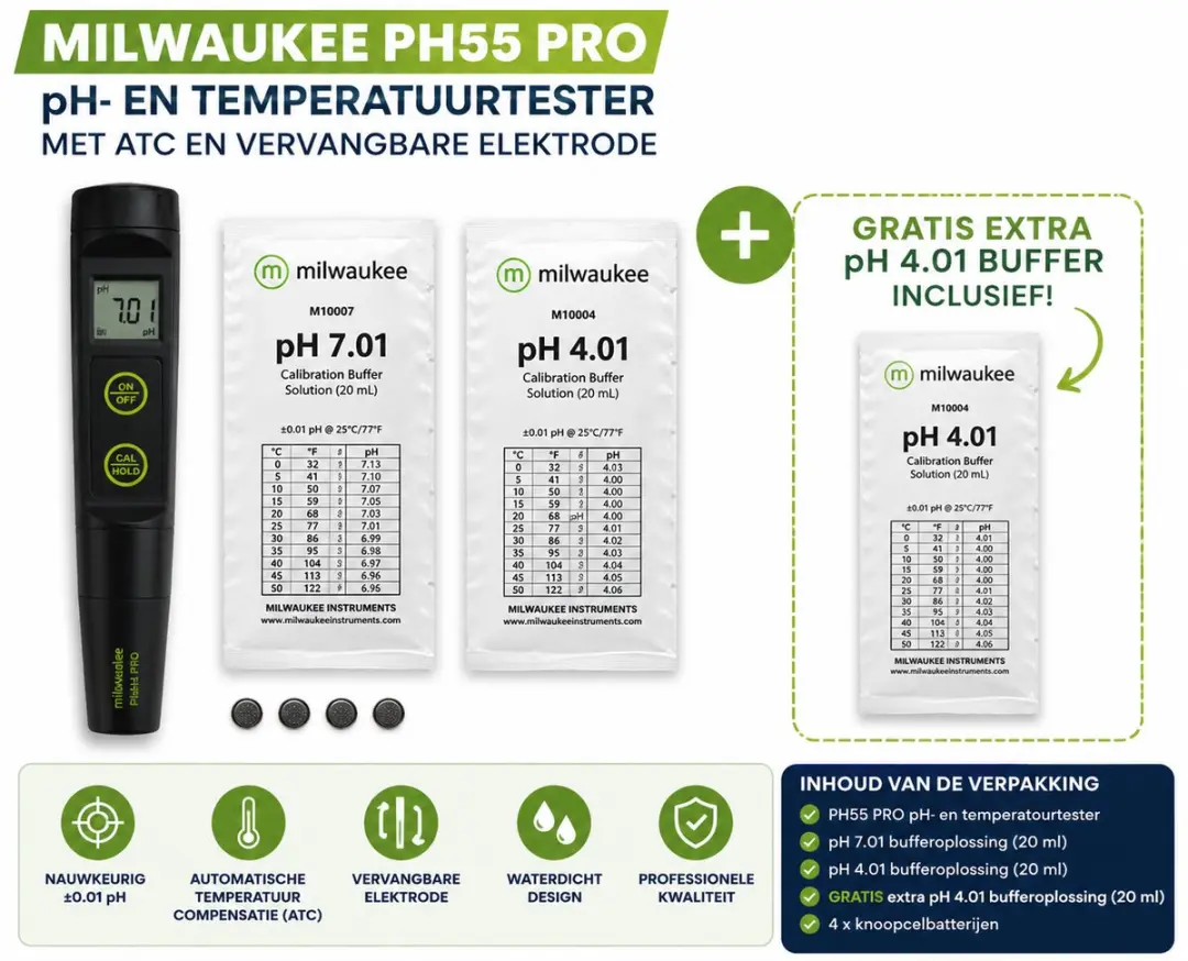 Milwaukee PH55 PRO Waterdichte pH Meter - ATC - 2x pH 4.01 buffer