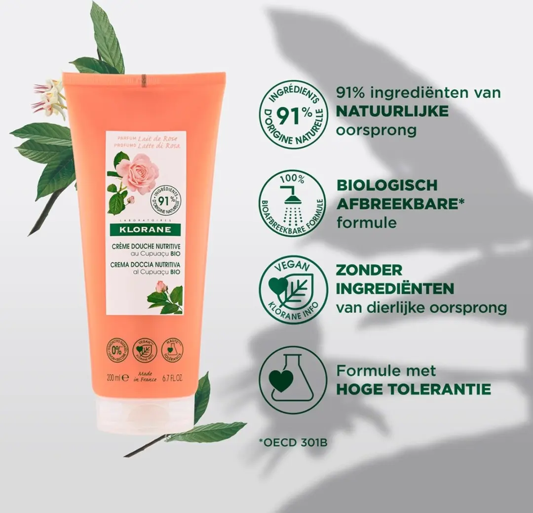 Klorane Huid Lait de Rose Crème Douche Nutritive 200ml