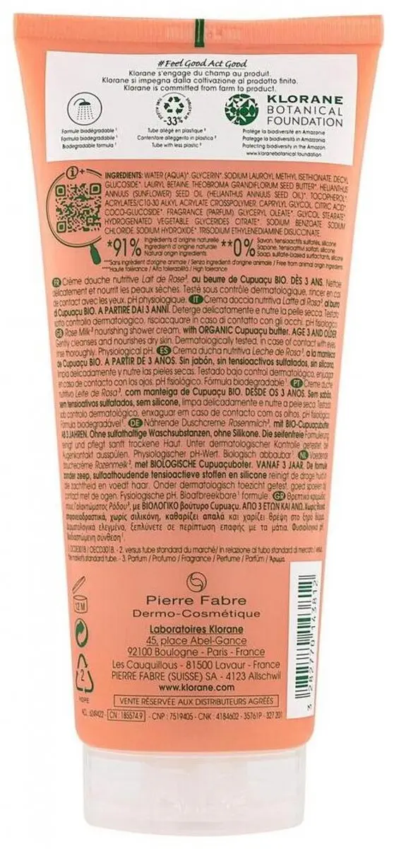 Klorane Huid Lait de Rose Crème Douche Nutritive 200ml