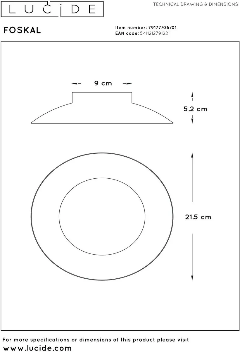 Lucide FOSKAL Plafonnière LED 6W 2700K - Ø21,5cm Messing