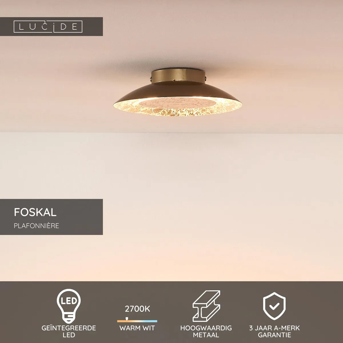 Lucide FOSKAL Plafonnière LED 6W 2700K - Ø21,5cm Messing