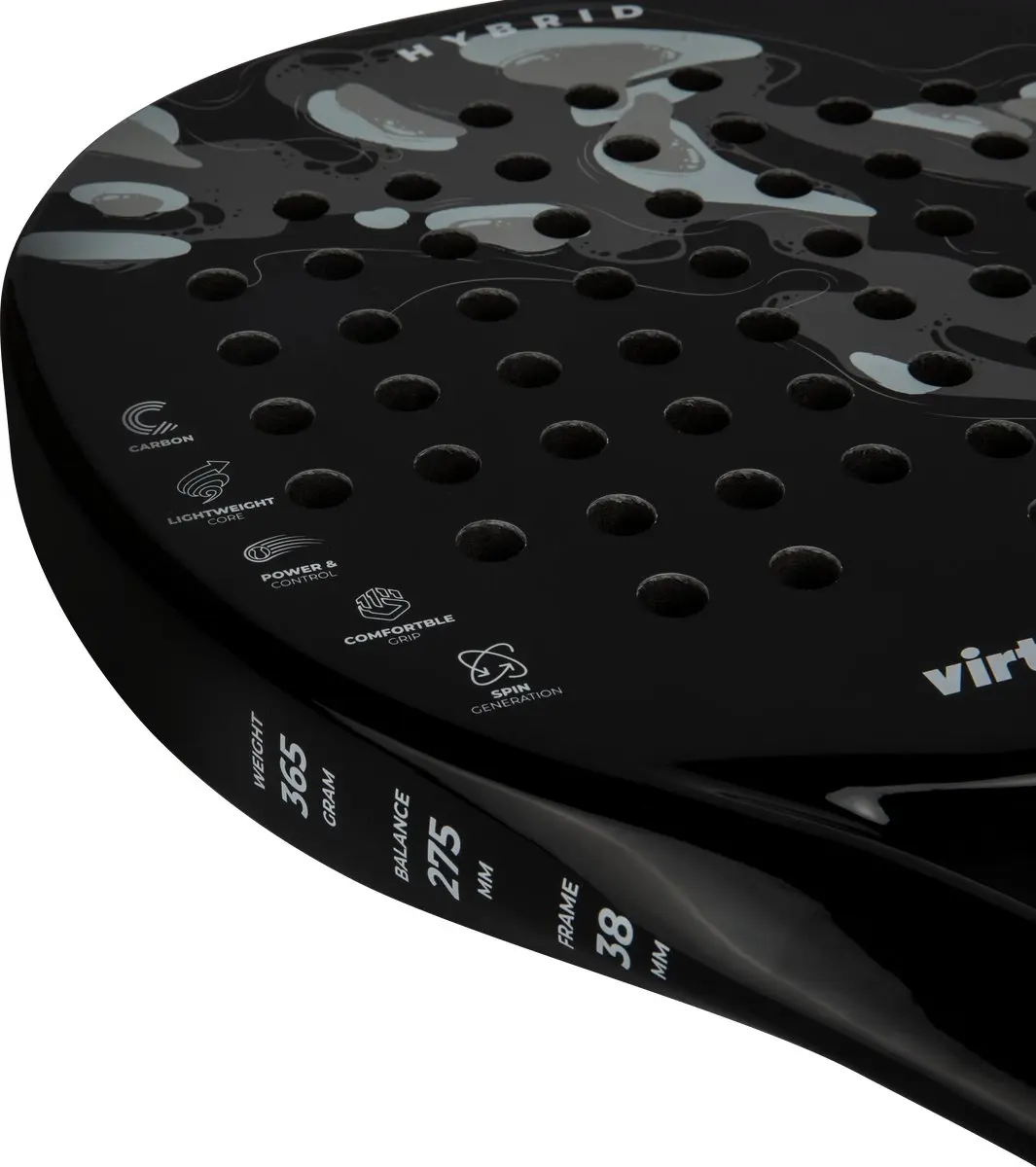 Virtufit Hybrid Padelracket - Zwart/Grijs - 365g - Carbon/EVA - Met polskoord