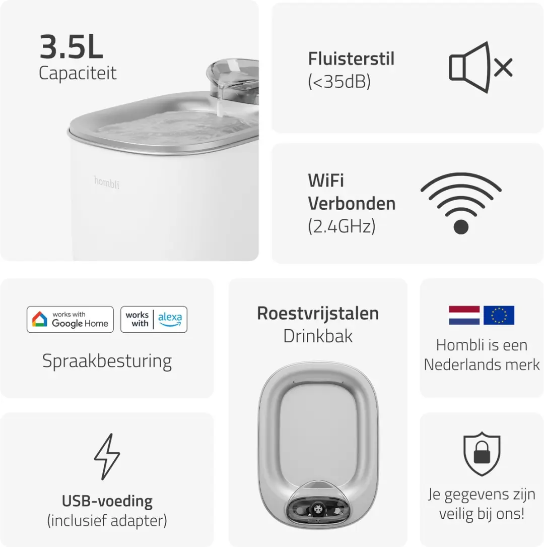 Hombli Smart Pet Fountain Drinkfontein Kat 3.5L - Wit