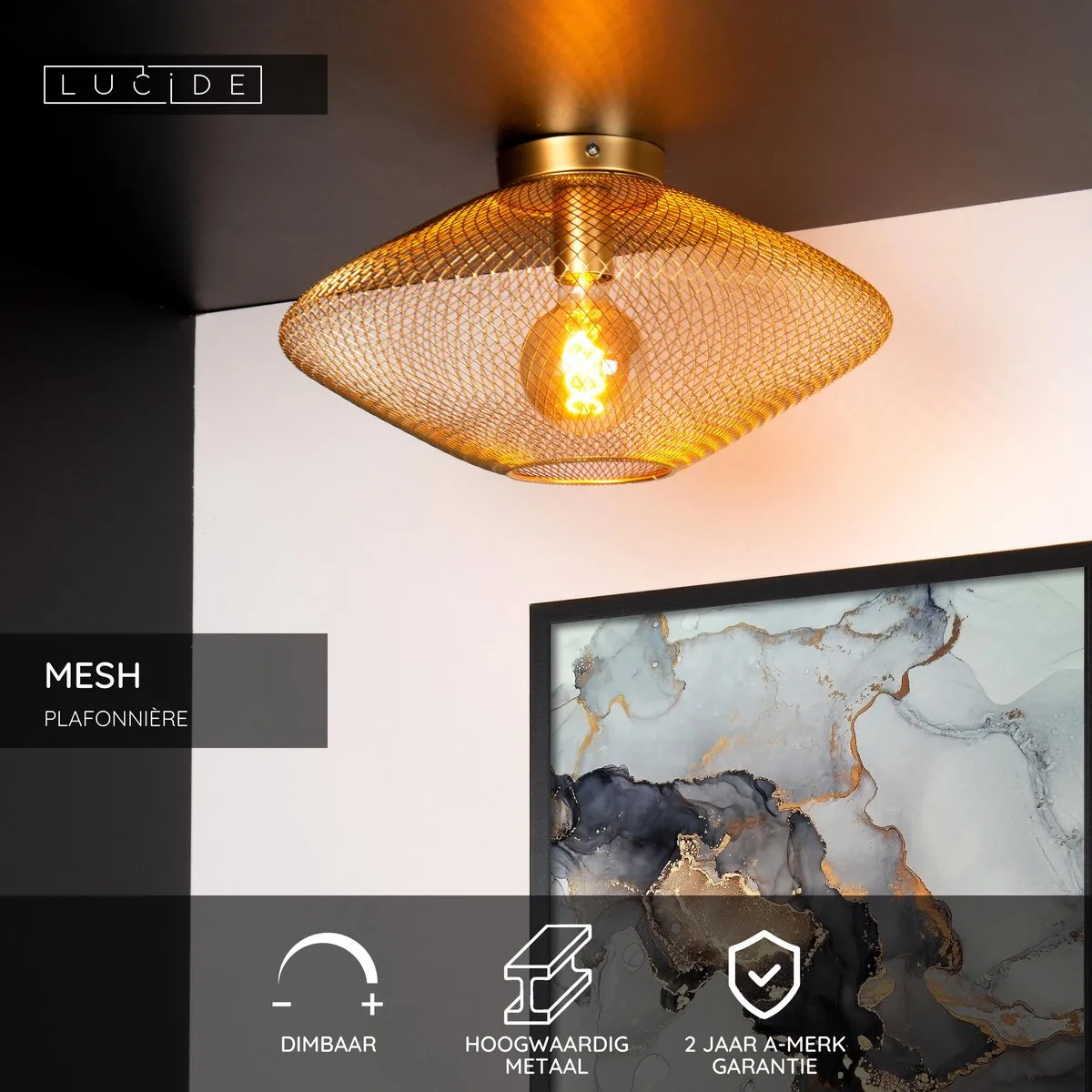 Lucide MESH Plafonnière Ø45cm - Mat Goud/Messing