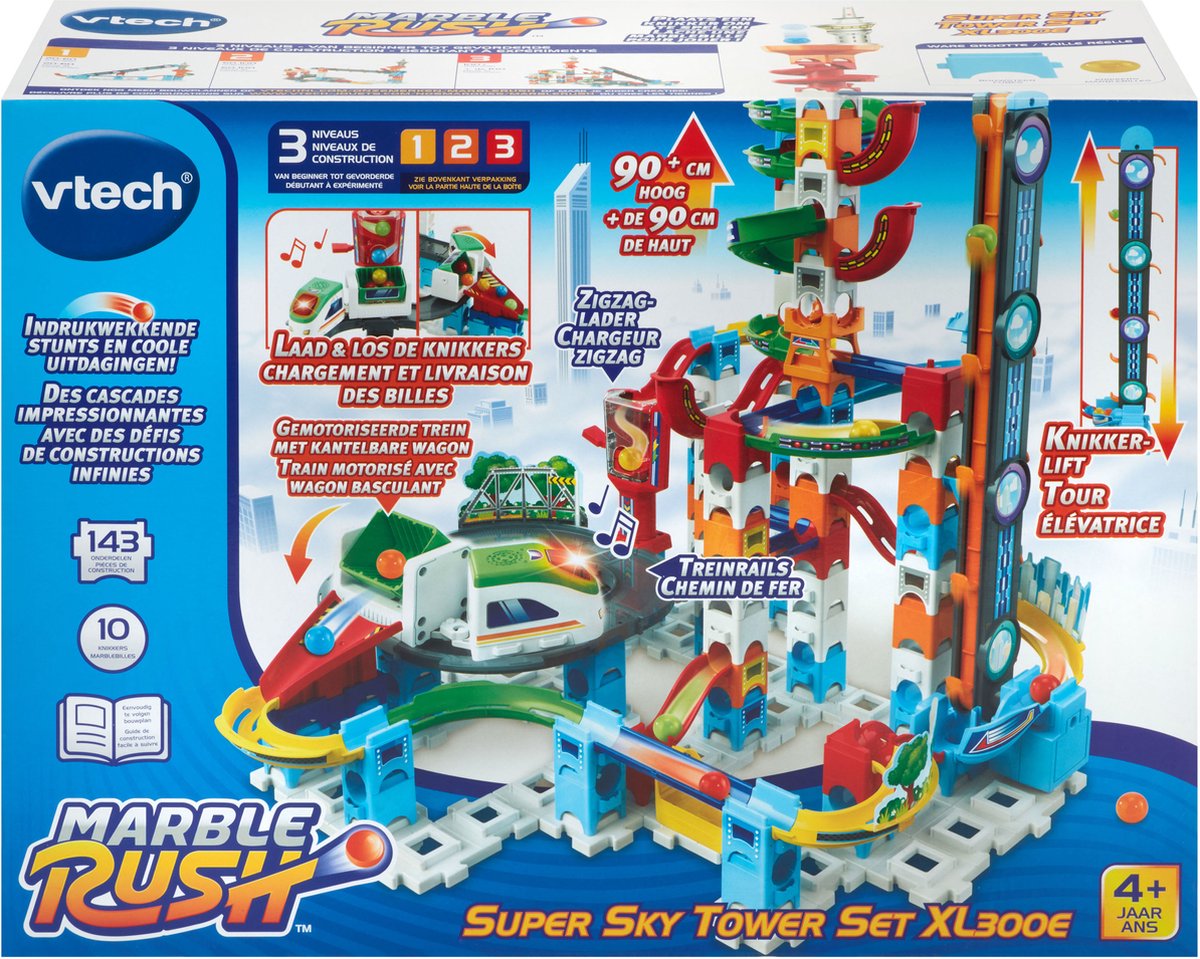 VTech Marble Rush Super Sky Tower Set XL300E Knikkerbaan - 143 Onderdelen - Incl. 10 Knikkers met Licht- en Geluidseffecten - Cadeau - Speelgoed Vanaf 4 Jaar