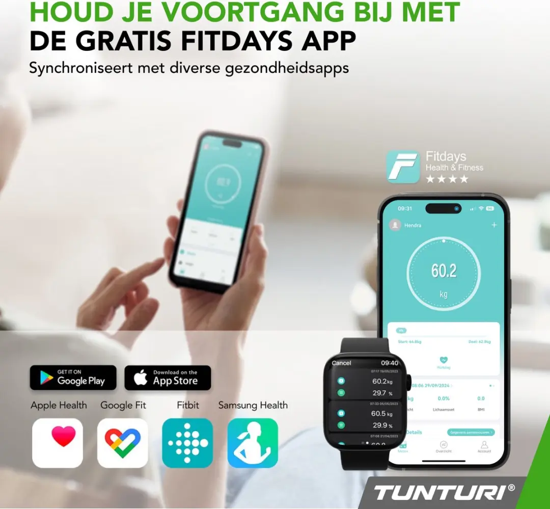 Tunturi Personenweegschaal 180kg - Bluetooth - Wit - afbeelding 6 van 6