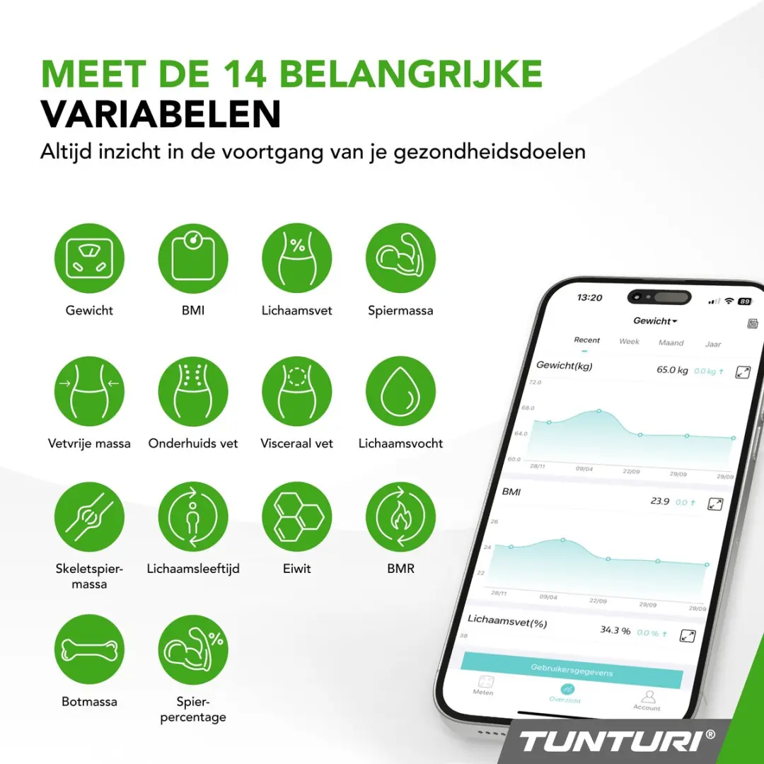 Tunturi Personenweegschaal 180kg - Bluetooth - Wit