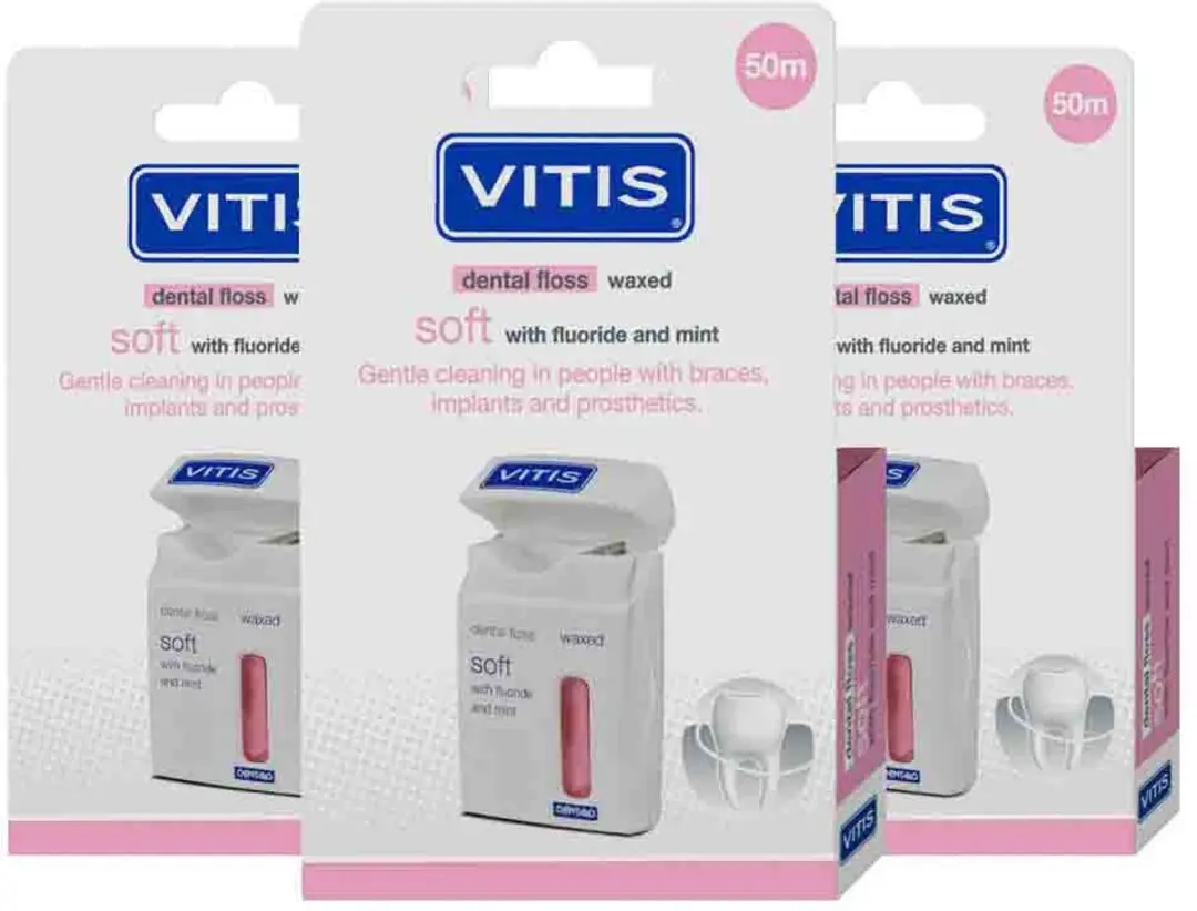 Vitis Waxed Dental Floss Fluoride & Mint - 3x50m Roze