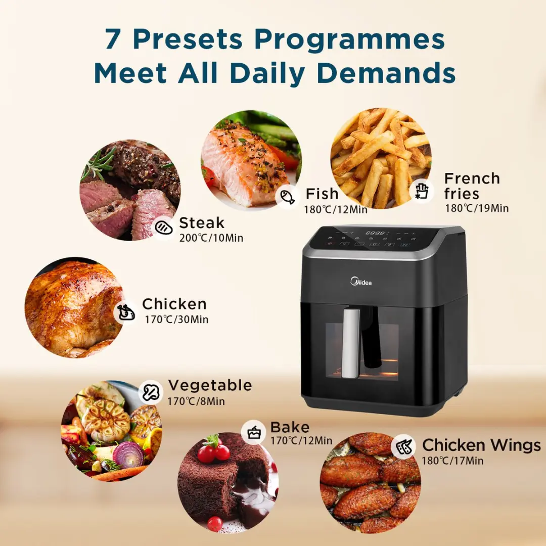 Midea MF-CY70K Airfryer 7L - 1600W - 8 Programma's - Zwart