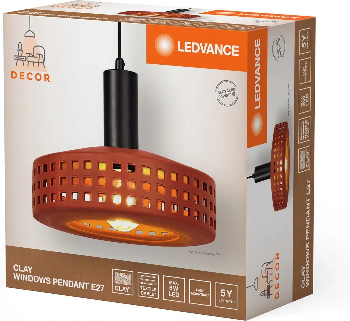 LEDVANCE Decor Clay Windows Hanglamp 1XE27 - Bruin - afbeelding 6 van 6