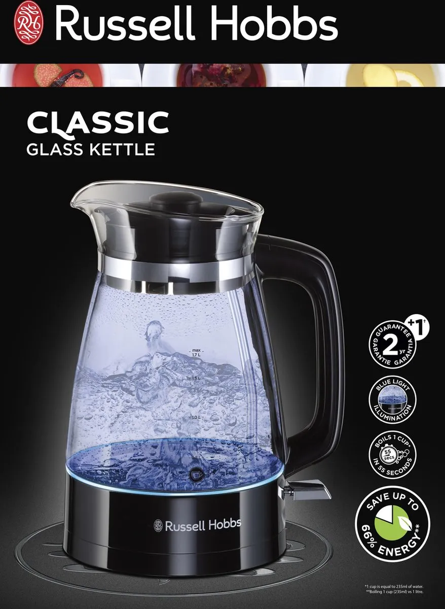 Russell Hobbs Classic Glass Waterkoker 26080-70 - 2400W - 1.7L - Zwart - afbeelding 6 van 6