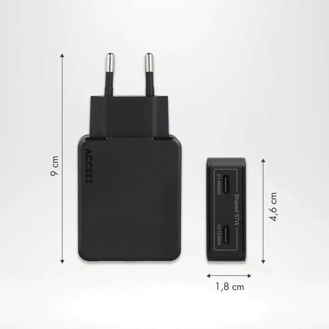 Accezz Ultra Slim GaN Oplader 65W - 2x USB-C - Zwart