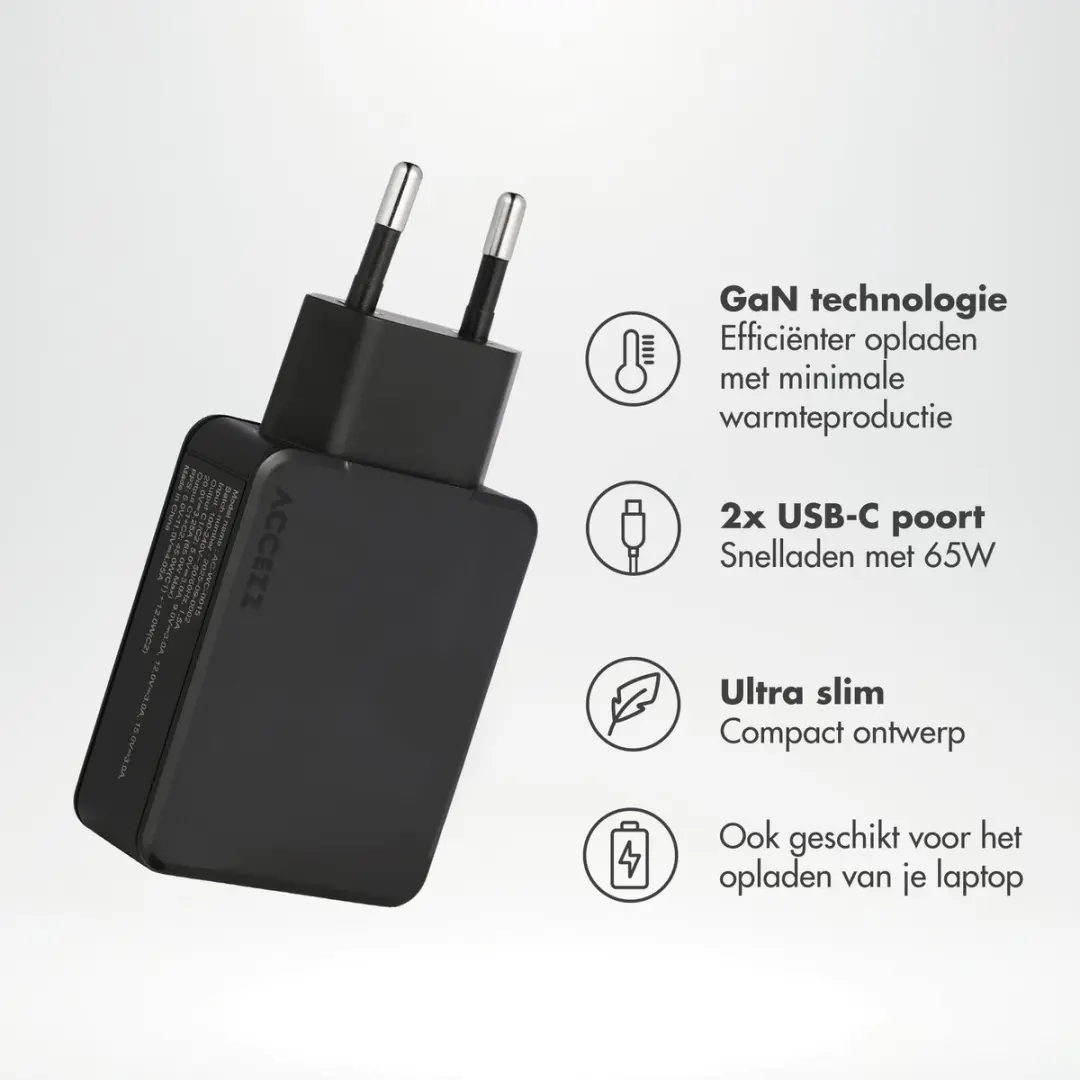 Accezz Ultra Slim GaN Oplader 65W - 2x USB-C - Zwart