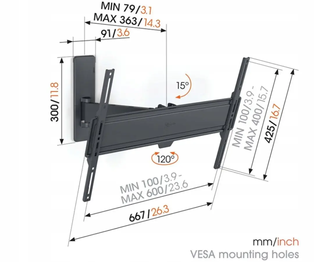 Vogel's TVM 1623 Wandsteun 77" - Kantelbaar & Draaibaar - Zwart - afbeelding 3 van 5