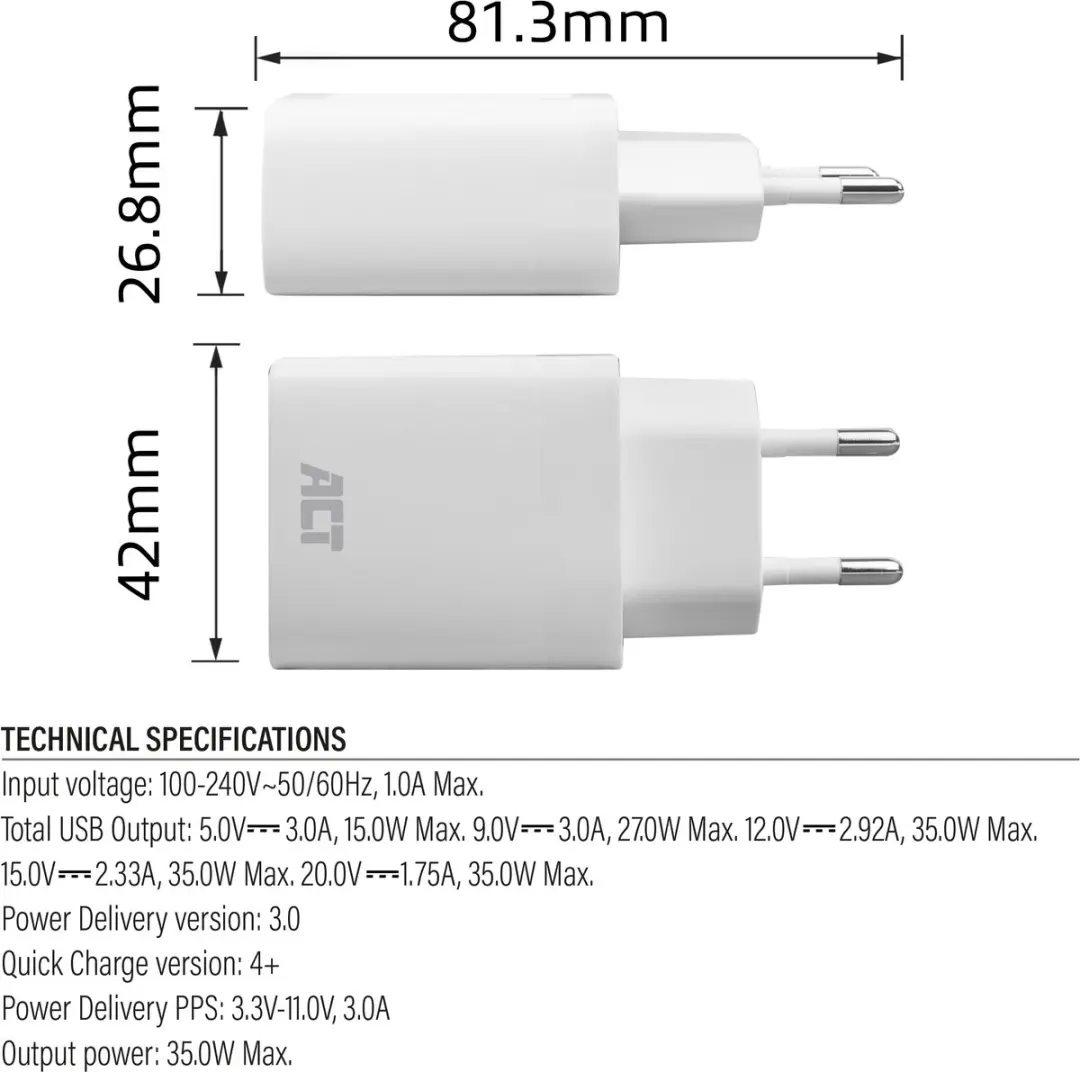 ACT AC2135 USB-C Lader 35W - Wit