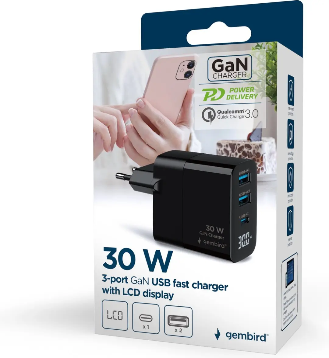 Gembird GaN USB Snellader 30W - 3 Poorten Zwart