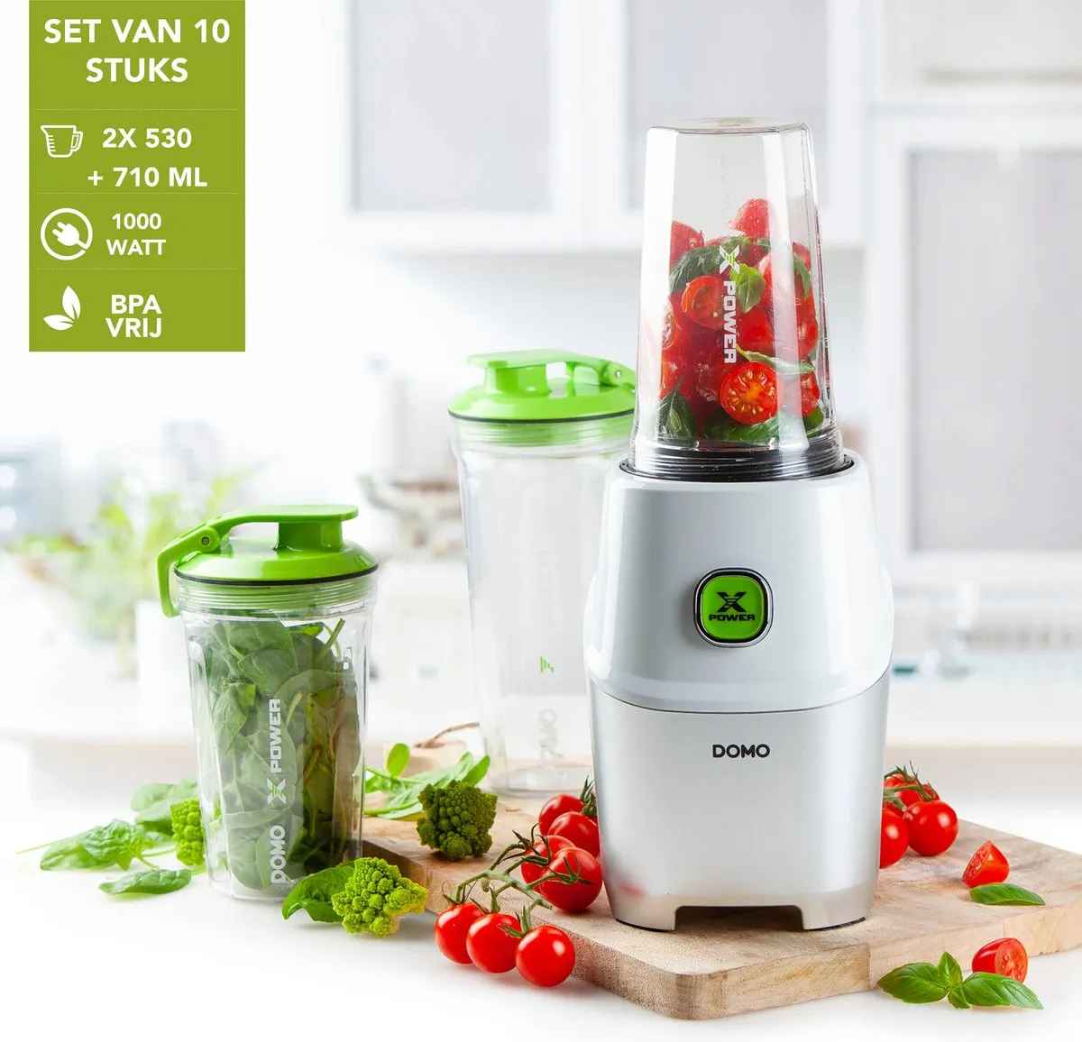 Domo DO700BL Xpower Blender 1000W - 3 Bekers 530/710ml - Grijs/Wit