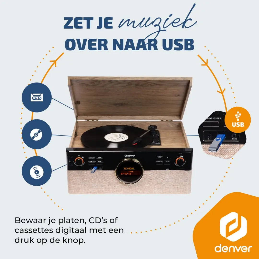 Denver MRD180 Platenspeler - DAB+/FM Radio - CD - Cassette - Bruin - afbeelding 6 van 6
