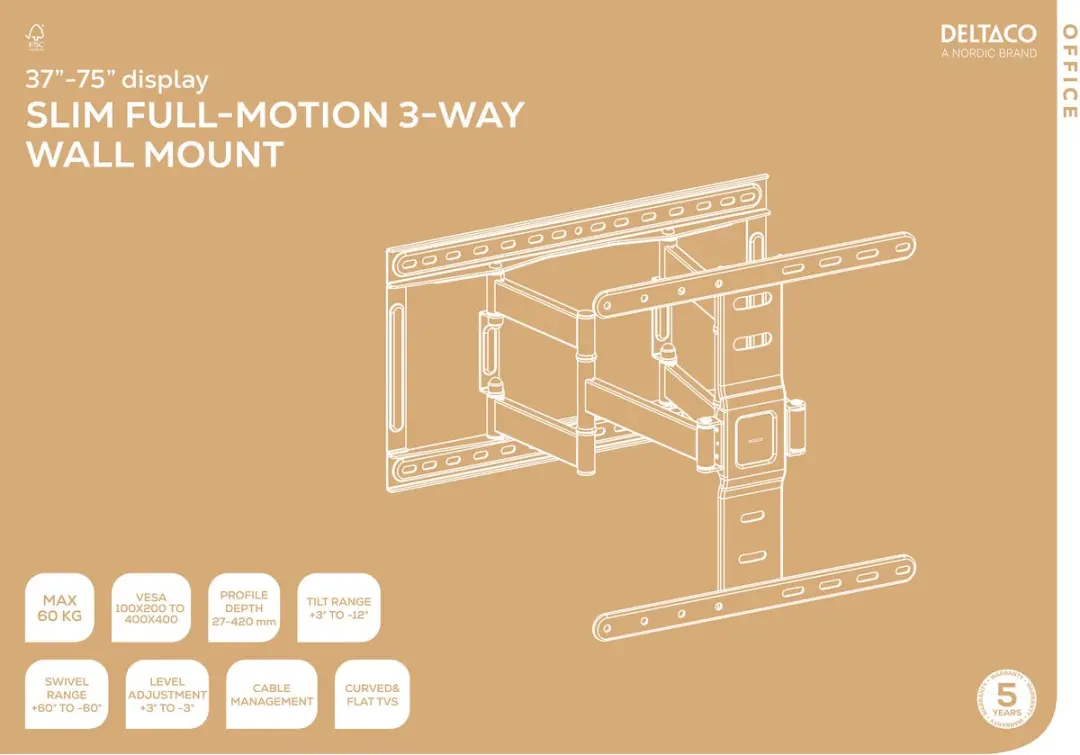 Deltaco ARM-0258-B TV Wandsteun 75" - Max 60kg - Zwart