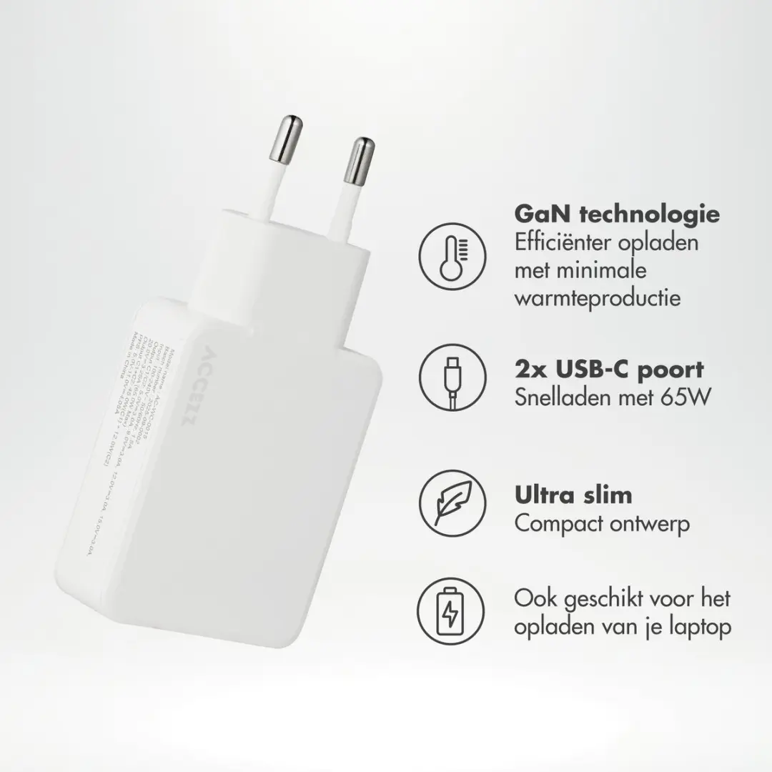 Accezz Ultra Slim GaN Oplader 65W - 2x USB-C - Wit