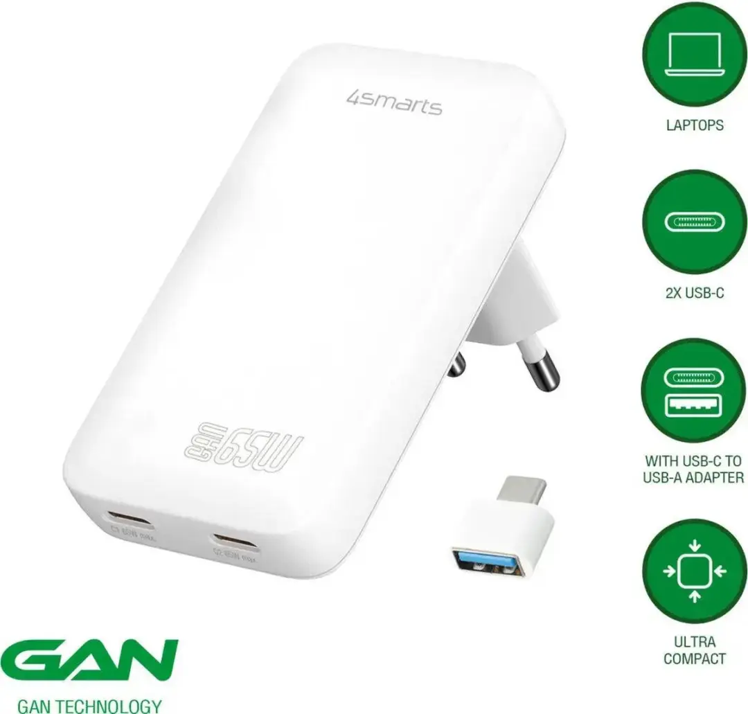 4Smarts FlatPlug Slim Dual 65W USB-C Oplader - Wit - afbeelding 6 van 6