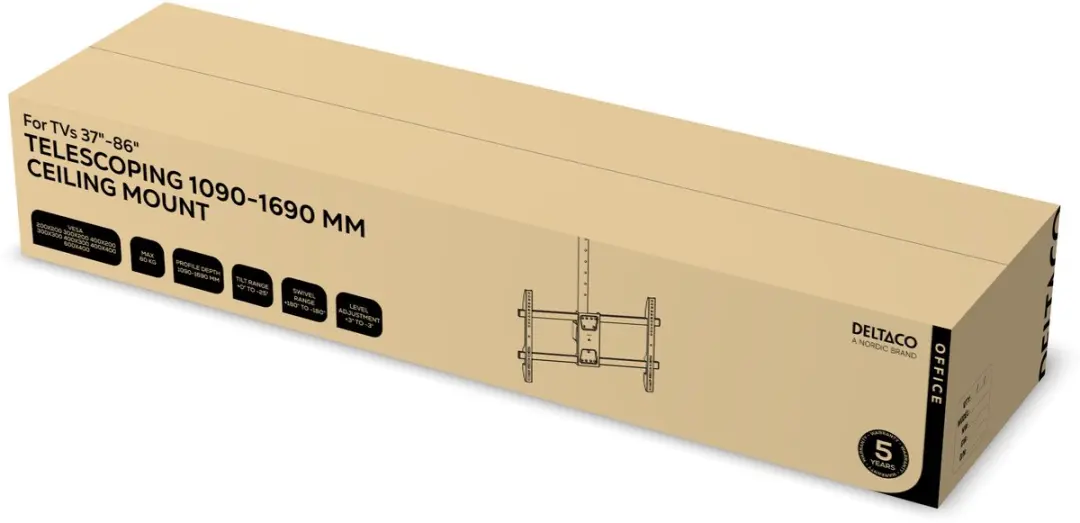 Deltaco ARM-0401-B Plafondbeugel - 37-86" - 1090-1690mm - 60kg - Zwart