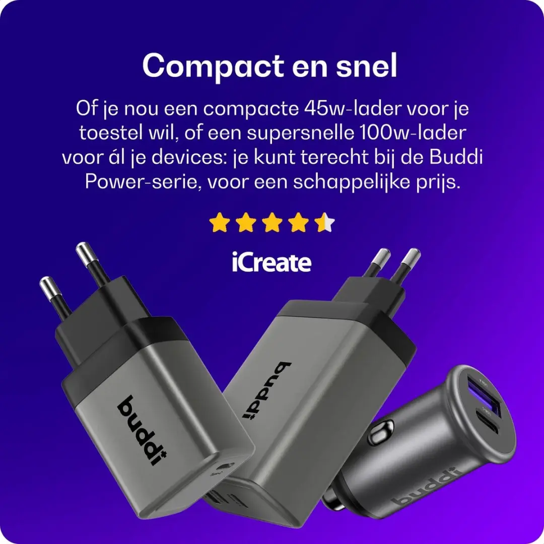 Buddi Power USB Autolader 89W - 2 Poorten - USB-C Krulsnoer - Zwart/Grijs