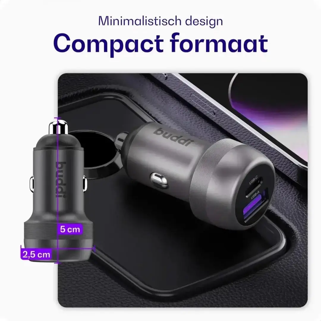 Buddi Power USB Autolader 89W - 2 Poorten - USB-C Krulsnoer - Zwart/Grijs