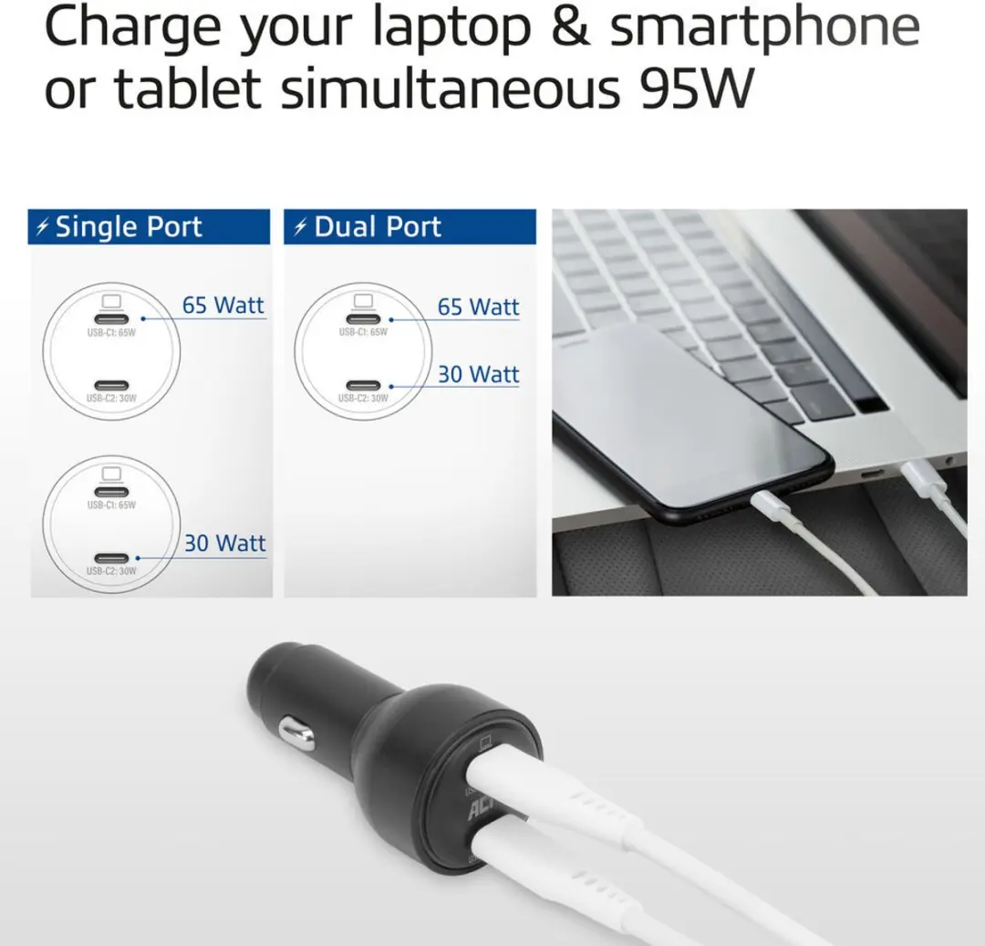 ACT AC2210 USB-C Autolader 95W - 2 Poorten - Zwart