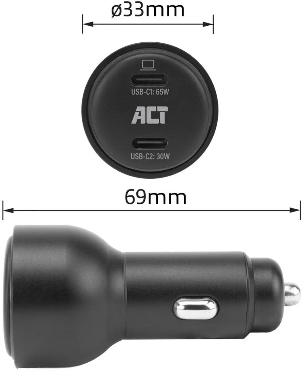 ACT AC2210 USB-C Autolader 95W - 2 Poorten - Zwart