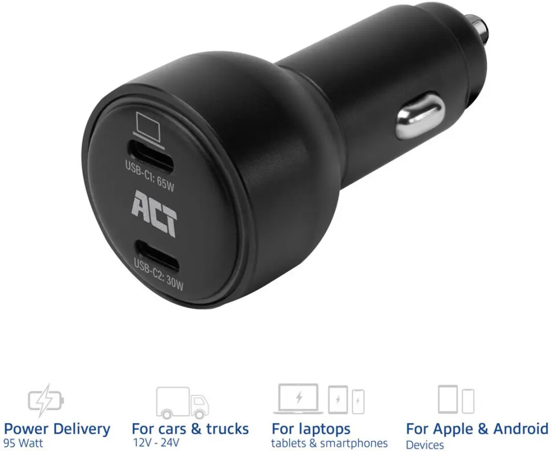 ACT AC2210 USB-C Autolader 95W - 2 Poorten - Zwart