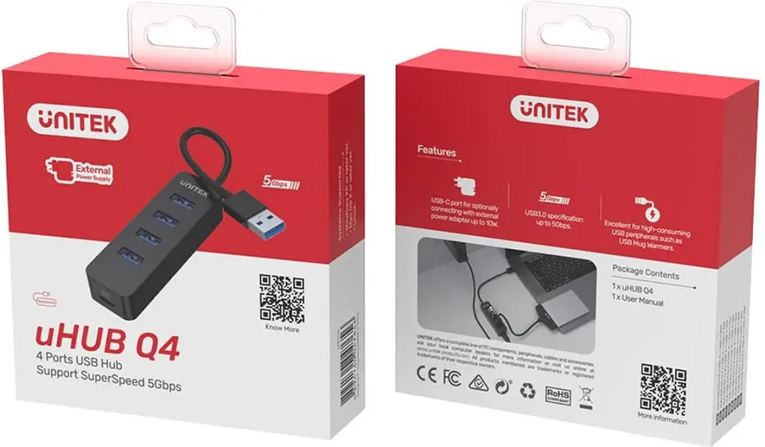 Unitek Hub USB-C H1117B 4x USB-A Poorten - 10W Voeding - Zwart