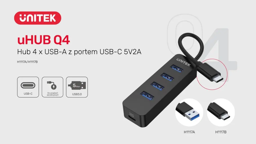 Unitek Hub USB-C H1117B 4x USB-A Poorten - 10W Voeding - Zwart - afbeelding 6 van 6