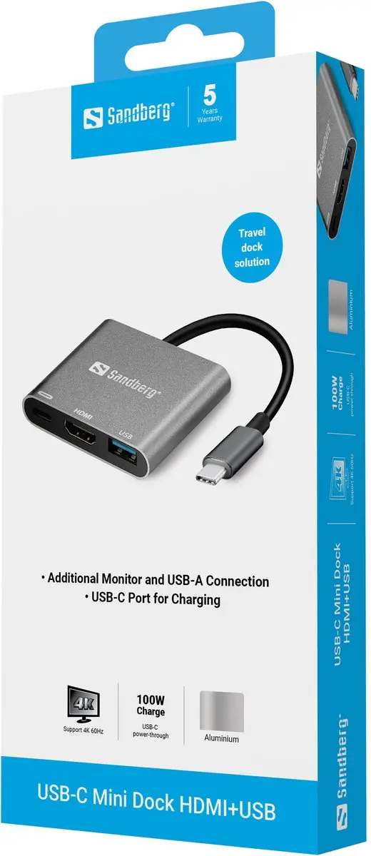 Sandberg 136-00 USB-C Mini Dock HDMI+USB - 4K/60Hz - Grijs/Wit