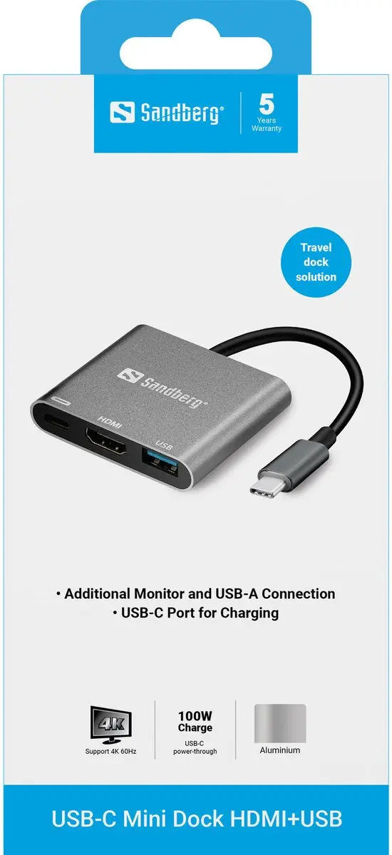Sandberg 136-00 USB-C Mini Dock HDMI+USB - 4K/60Hz - Grijs/Wit