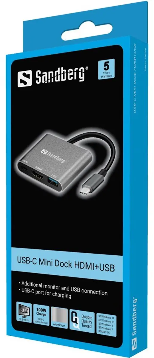 Sandberg 136-00 USB-C Mini Dock HDMI+USB - 4K/60Hz - Grijs/Wit - afbeelding 6 van 6