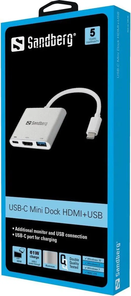 Sandberg 136-00 USB-C Mini Dock HDMI+USB - 4K/60Hz - Grijs/Wit