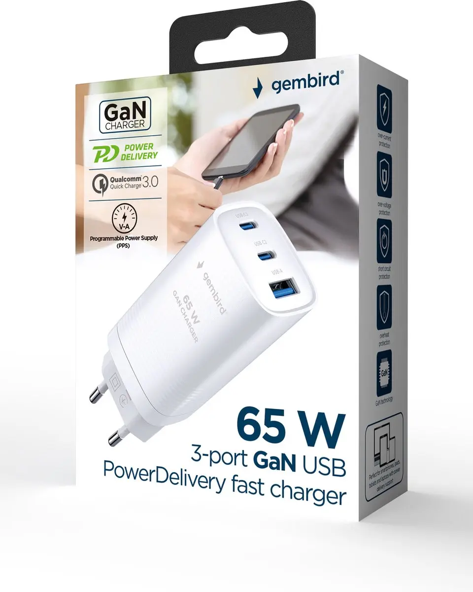 Gembird TA-UC-PDQC65-01-W 3-Poorts USB-C Oplader 67W - Wit
