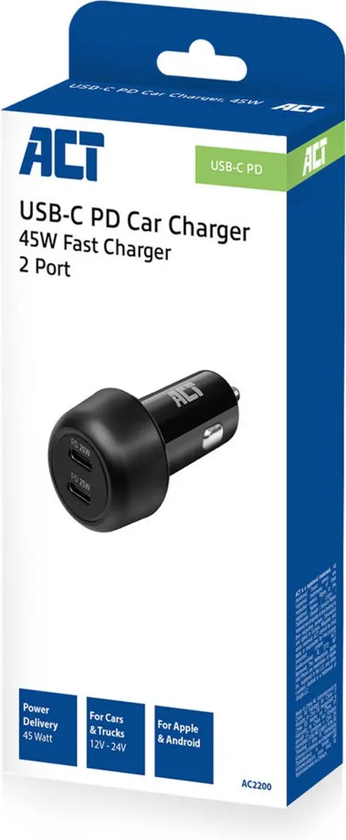ACT AC2200 2-poorts USB-C Autolader 45W - Zwart - afbeelding 6 van 6