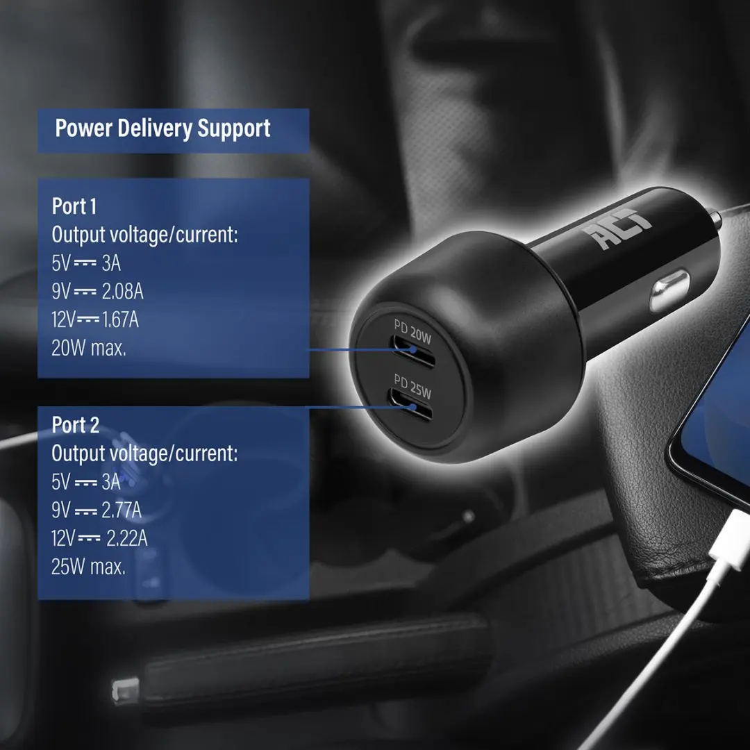 ACT AC2200 2-poorts USB-C Autolader 45W - Zwart