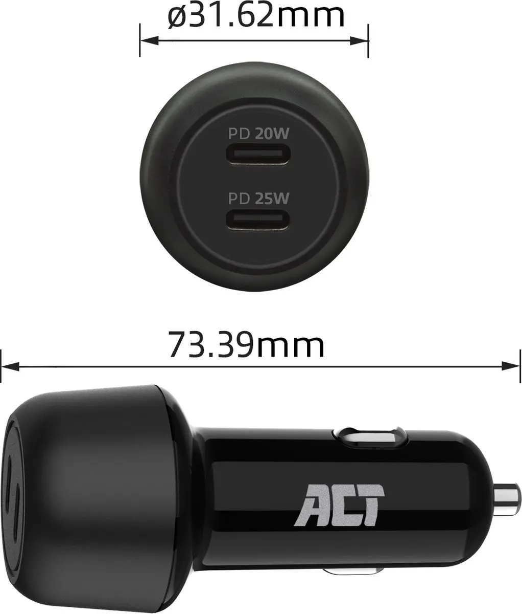ACT AC2200 2-poorts USB-C Autolader 45W - Zwart