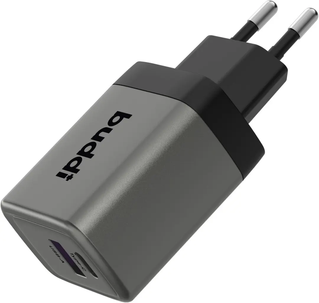 Buddi Power 45W USB-C USB-A Adapter - 2x USB - Zwart/Grijs