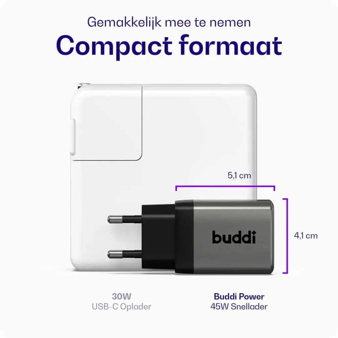 Buddi Power 45W USB-C USB-A Adapter - 2x USB - Zwart/Grijs