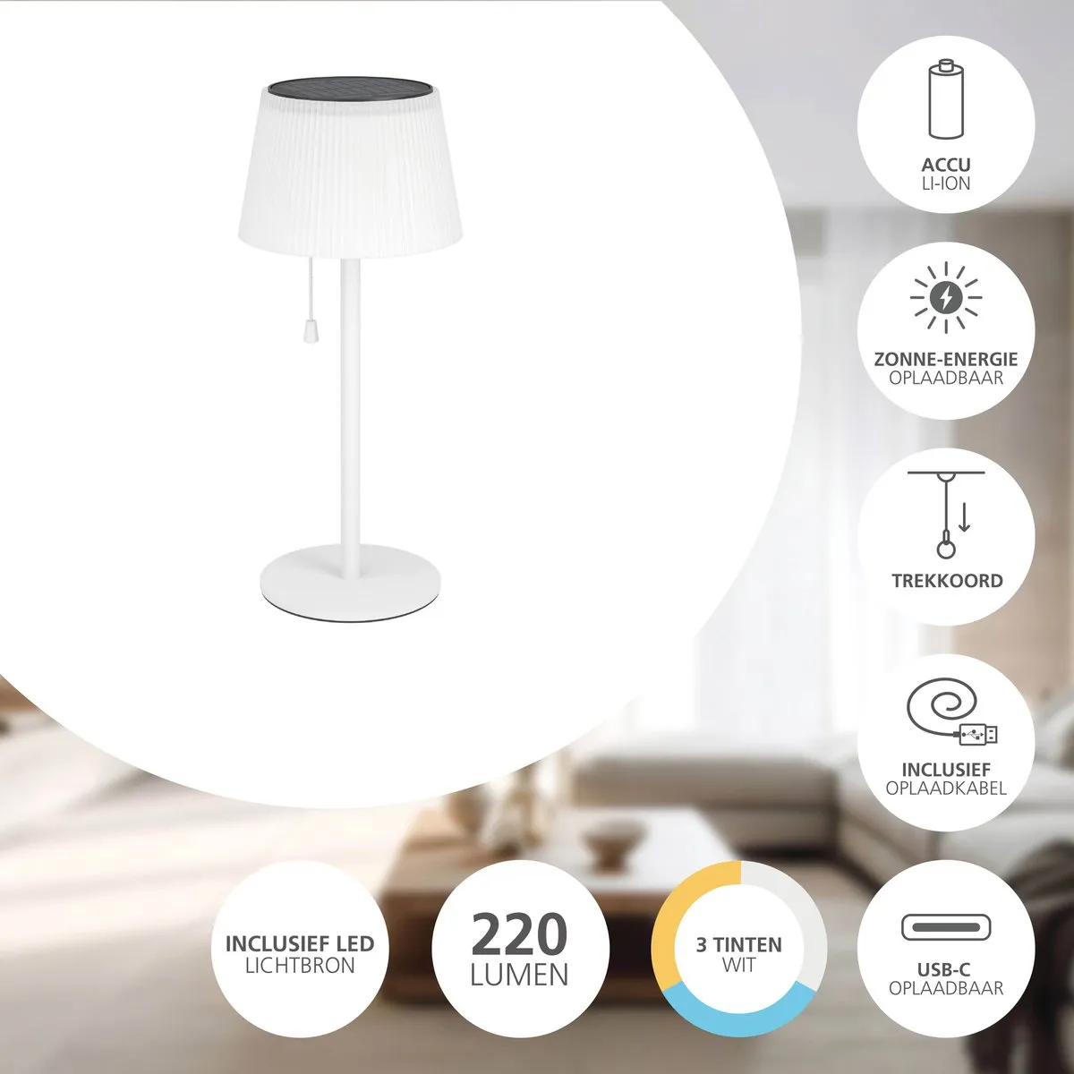 Eglo Scordiano Oplaadbare Tafellamp - Wit - Solar