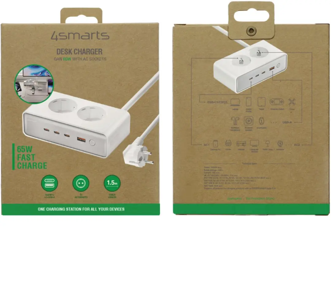 4Smarts 540065 Oplaadstation GaN 65W - 3x USB-C + 2x AC + USB-A Wit