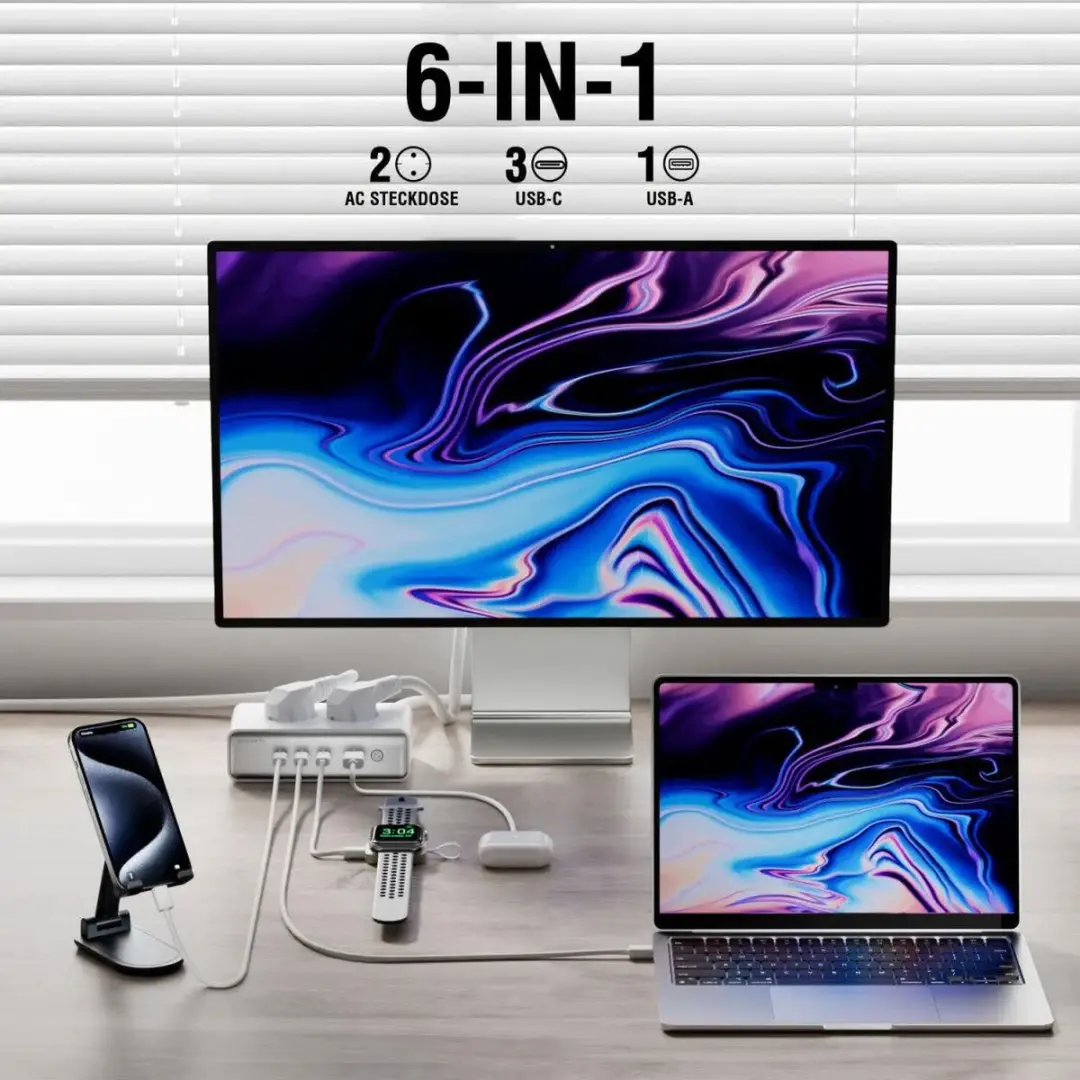 4Smarts 540065 Oplaadstation GaN 65W - 3x USB-C + 2x AC + USB-A Wit