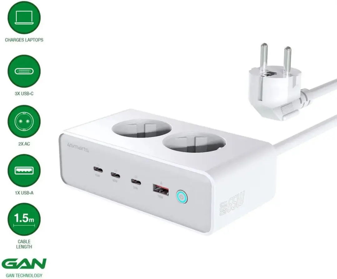 4Smarts 540065 Oplaadstation GaN 65W - 3x USB-C + 2x AC + USB-A Wit