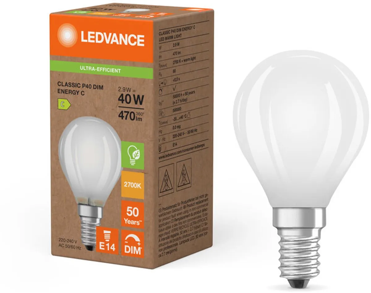 LEDVANCE Classic E14 Kogel Filament 2.9W 470lm - Mat - Zeer Warm Wit