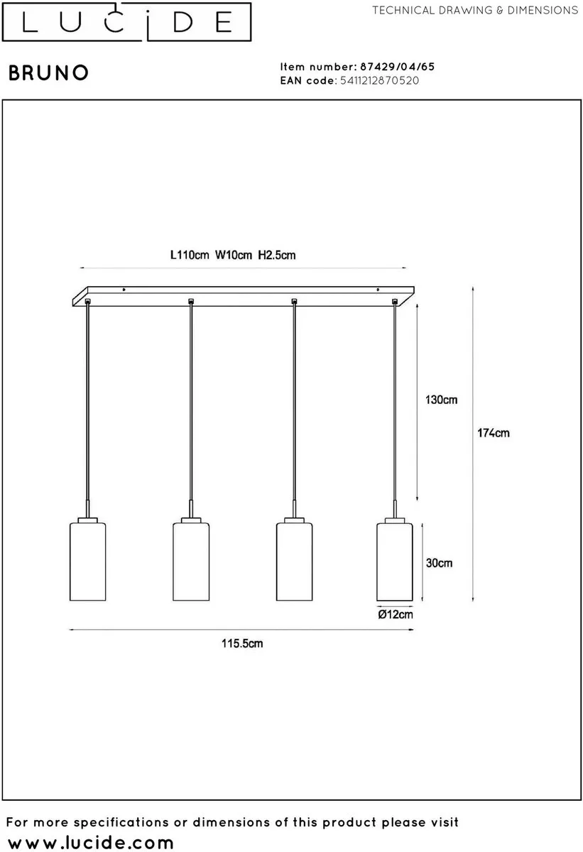 Lucide Bruno Hanglamp 4xE27 Fumé